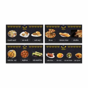 restaurant featured dish flex banner design set showing Punjabi thali, pav bhaji, pizza, sandwich, paneer tikka and fast food items for print