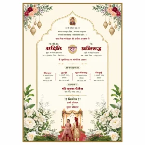Hindi wedding card CDR file with floral arch Ganesh design complete karyakram layout and bride groom couple illustration for shaadi invitation printing 2025